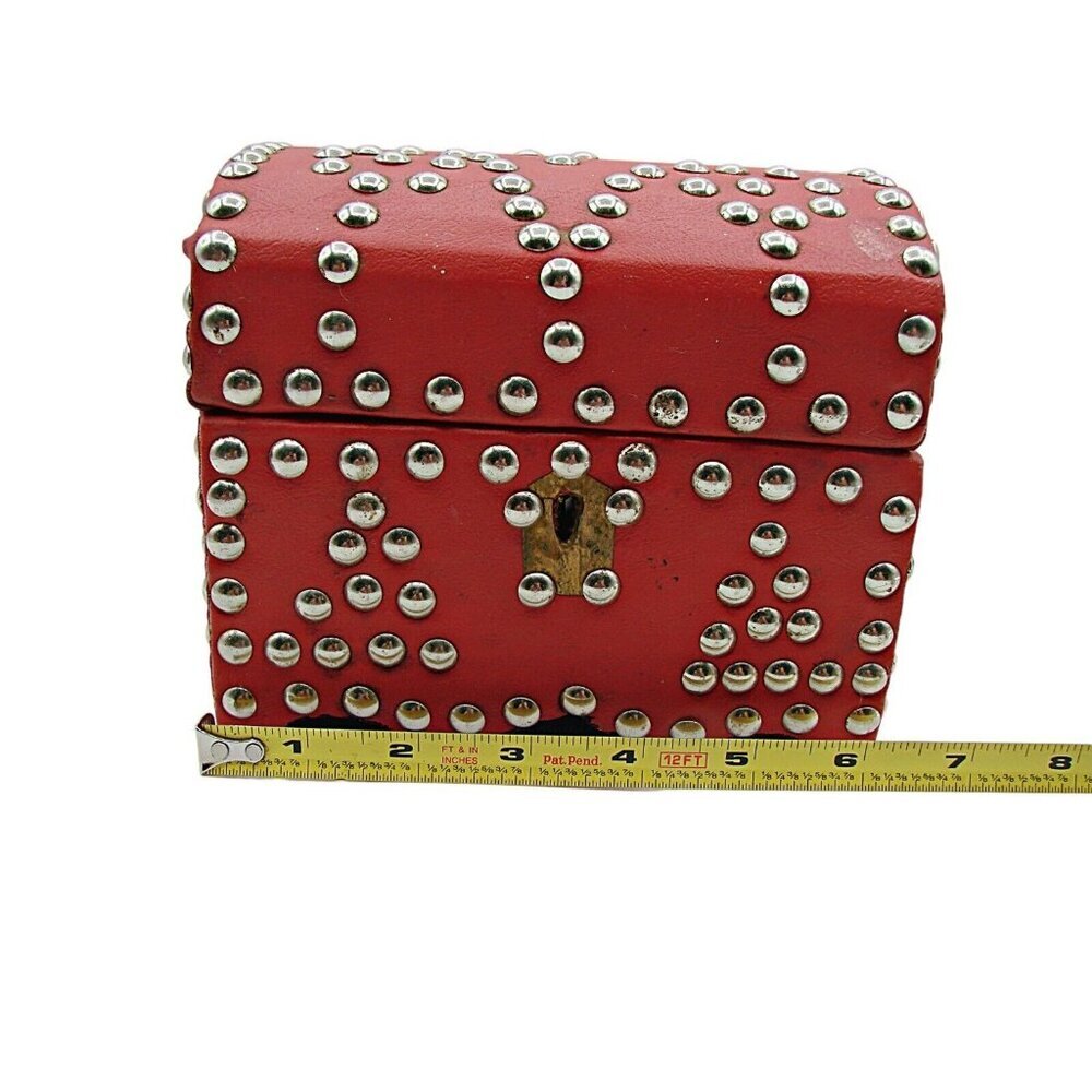 Red Leather Silver Stud Jewelry Trinket Trunk Box 6" Fashion Storage Box No Key - Picture 8 of 12